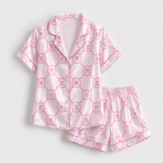 PJ-M207-Ribbon Pajama Apparel, Cherry Heart Pattern Loungewear Sleepwear Collection Top Bottom Clothing