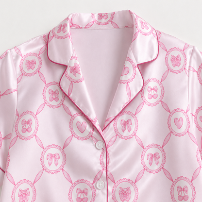 PJ-M207-Ribbon Pajama Apparel, Cherry Heart Pattern Loungewear Sleepwear Collection Top Bottom Clothing