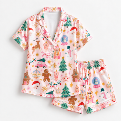 PJ-M2074-Pink Christmas Satin Pajama Set with Santa Reindeer Nutcracker Gingerbread Snowman Christmas Trees and Festive Holiday Pattern