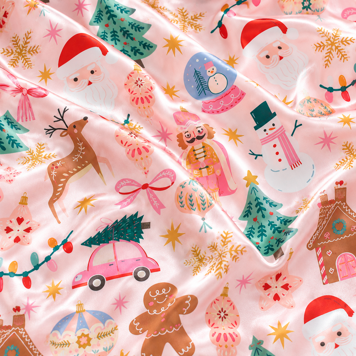PJ-M2074-Pink Christmas Satin Pajama Set with Santa Reindeer Nutcracker Gingerbread Snowman Christmas Trees and Festive Holiday Pattern