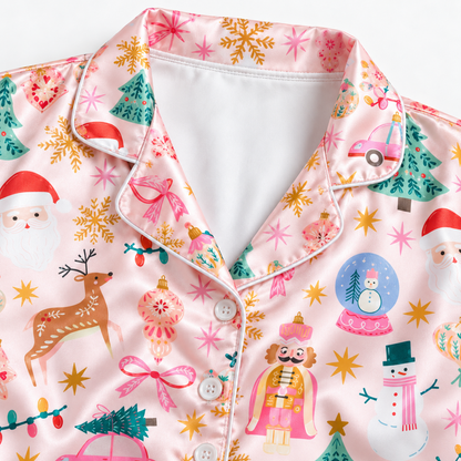 PJ-M2074-Pink Christmas Satin Pajama Set with Santa Reindeer Nutcracker Gingerbread Snowman Christmas Trees and Festive Holiday Pattern