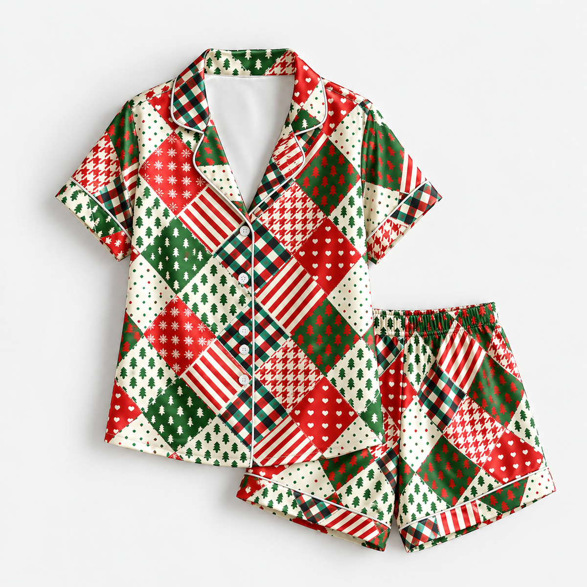 PJ-M2075-Christmas Patchwork Satin Pajama Set with Red Green Plaid Stripes Christmas Trees and Festive Geometric Holiday Pattern for Cozy Sleepwear