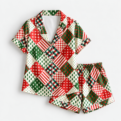PJ-M2075-Christmas Patchwork Satin Pajama Set with Red Green Plaid Stripes Christmas Trees and Festive Geometric Holiday Pattern for Cozy Sleepwear