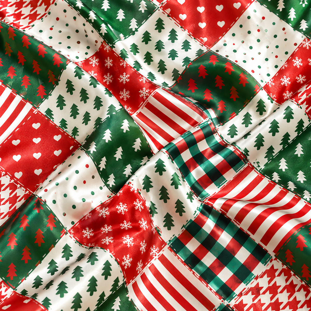 PJ-M2075-Christmas Patchwork Satin Pajama Set with Red Green Plaid Stripes Christmas Trees and Festive Geometric Holiday Pattern for Cozy Sleepwear