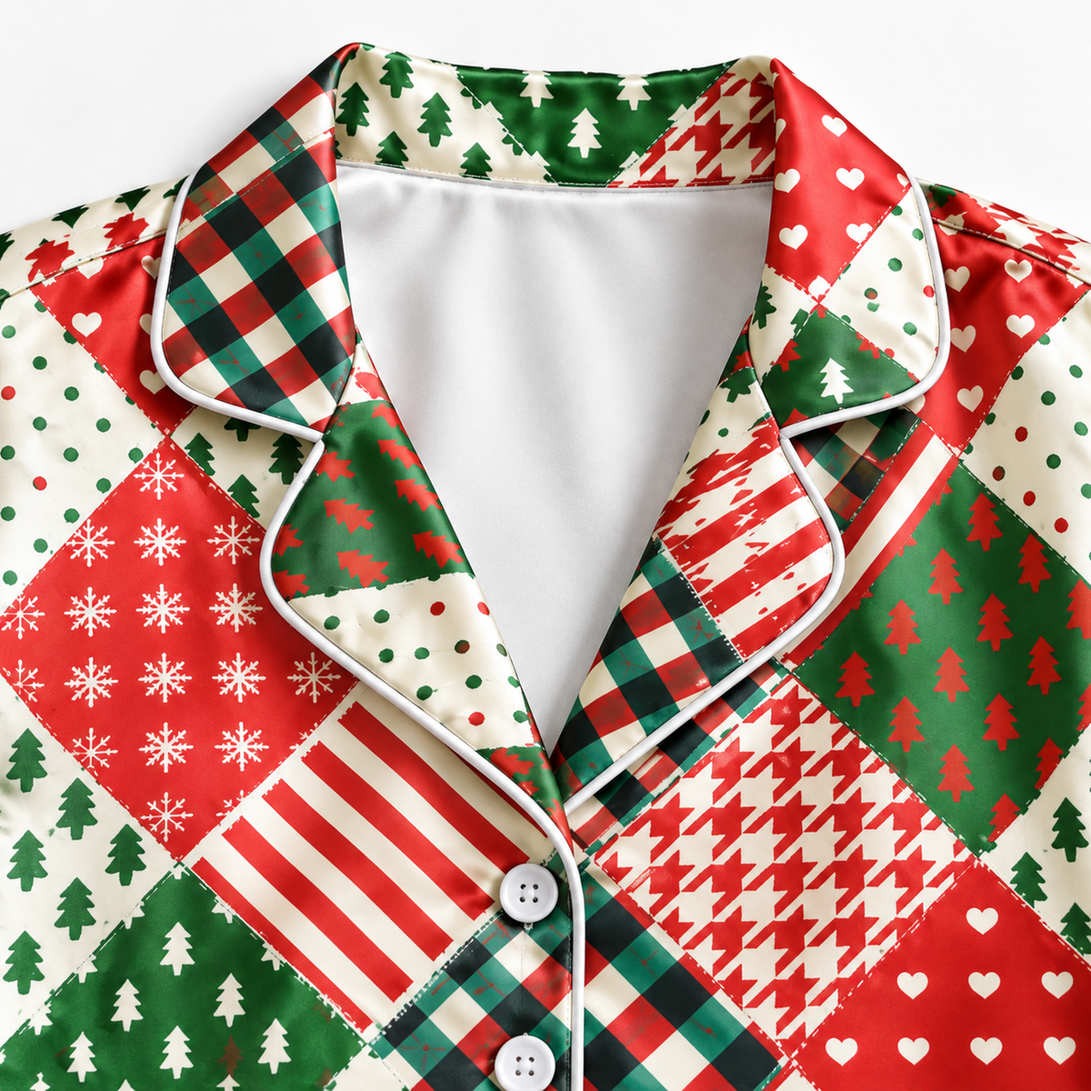 PJ-M2075-Christmas Patchwork Satin Pajama Set with Red Green Plaid Stripes Christmas Trees and Festive Geometric Holiday Pattern for Cozy Sleepwear