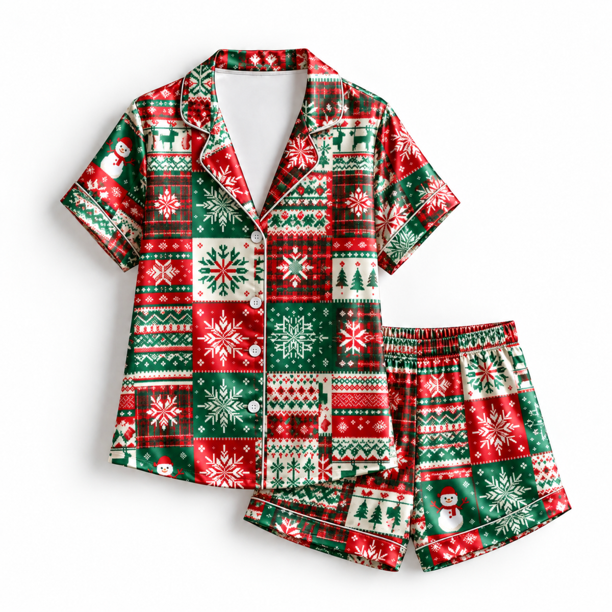 PJ-M2076-Christmas Fair Isle Satin Pajama Set with Snowflakes Snowmen Reindeer Christmas Trees and Festive Red Green Patchwork Pattern