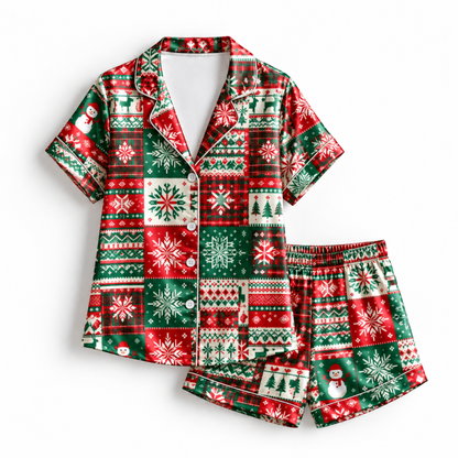 PJ-M2076-Christmas Fair Isle Satin Pajama Set with Snowflakes Snowmen Reindeer Christmas Trees and Festive Red Green Patchwork Pattern