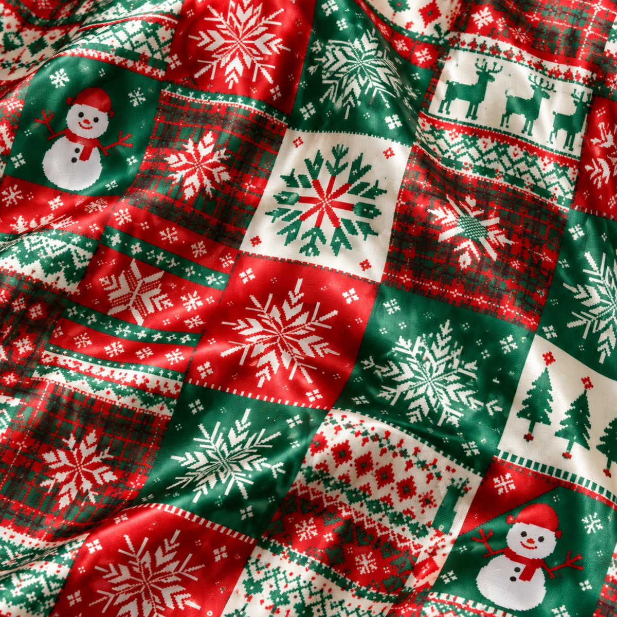 PJ-M2076-Christmas Fair Isle Satin Pajama Set with Snowflakes Snowmen Reindeer Christmas Trees and Festive Red Green Patchwork Pattern