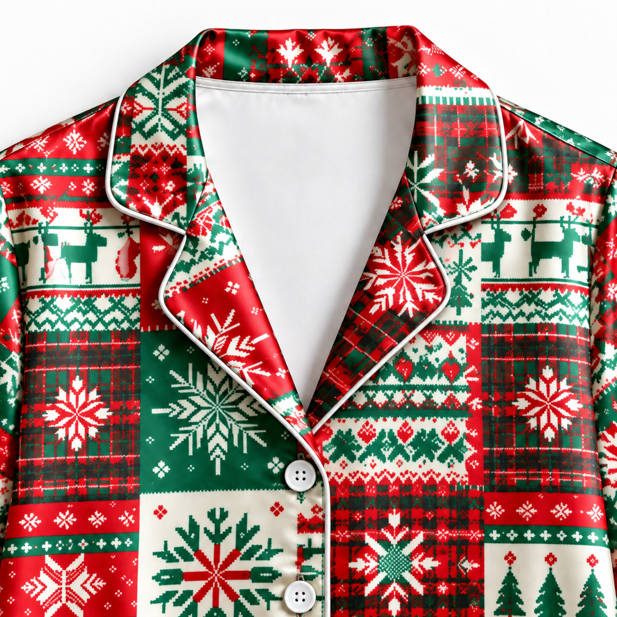 PJ-M2076-Christmas Fair Isle Satin Pajama Set with Snowflakes Snowmen Reindeer Christmas Trees and Festive Red Green Patchwork Pattern