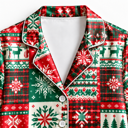 PJ-M2076-Christmas Fair Isle Satin Pajama Set with Snowflakes Snowmen Reindeer Christmas Trees and Festive Red Green Patchwork Pattern