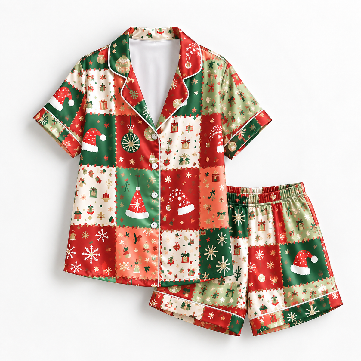 PJ-M2077-Christmas Patchwork Satin Pajama Set with Santa Hats Snowflakes Gifts Ornaments and Festive Red Green Holiday Pattern for Cozy Sleepwear