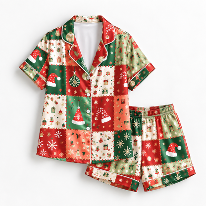 PJ-M2077-Christmas Patchwork Satin Pajama Set with Santa Hats Snowflakes Gifts Ornaments and Festive Red Green Holiday Pattern for Cozy Sleepwear