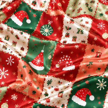 PJ-M2077-Christmas Patchwork Satin Pajama Set with Santa Hats Snowflakes Gifts Ornaments and Festive Red Green Holiday Pattern for Cozy Sleepwear