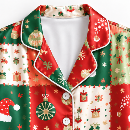 PJ-M2077-Christmas Patchwork Satin Pajama Set with Santa Hats Snowflakes Gifts Ornaments and Festive Red Green Holiday Pattern for Cozy Sleepwear