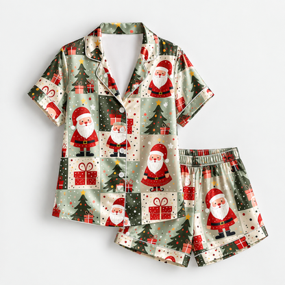PJ-M2078-Santa Christmas Satin Pajama Set with Christmas Trees Gifts Stars and Festive Patchwork Holiday Pattern for Cozy Sleepwear