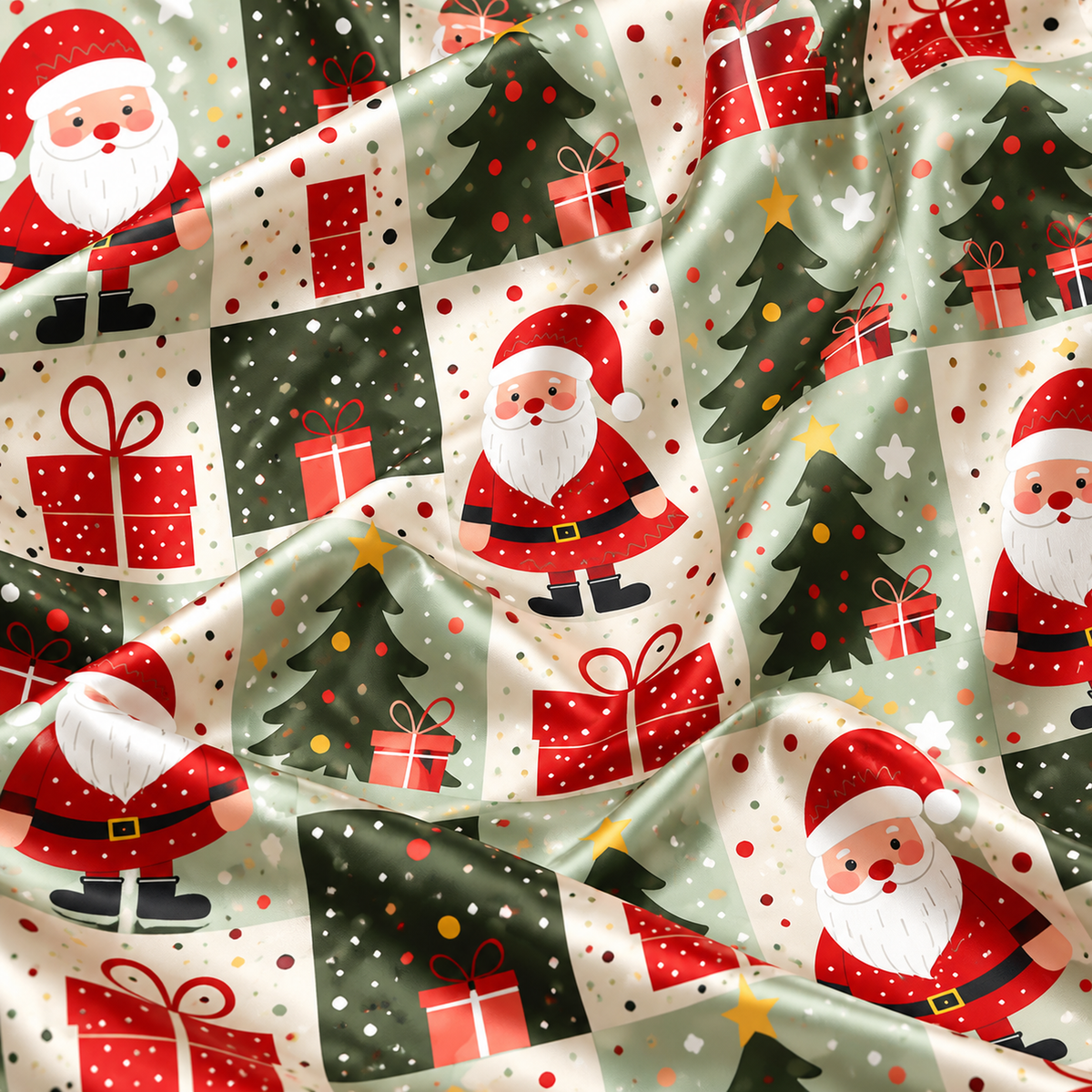 PJ-M2078-Santa Christmas Satin Pajama Set with Christmas Trees Gifts Stars and Festive Patchwork Holiday Pattern for Cozy Sleepwear