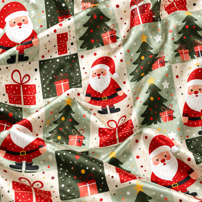 PJ-M2078-Santa Christmas Satin Pajama Set with Christmas Trees Gifts Stars and Festive Patchwork Holiday Pattern for Cozy Sleepwear