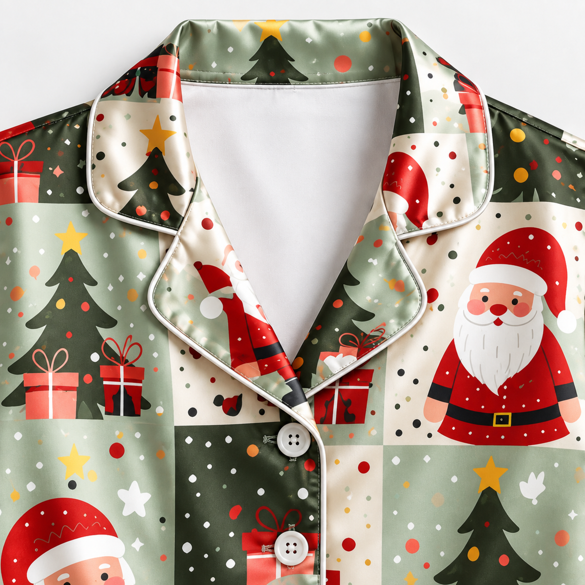 PJ-M2078-Santa Christmas Satin Pajama Set with Christmas Trees Gifts Stars and Festive Patchwork Holiday Pattern for Cozy Sleepwear