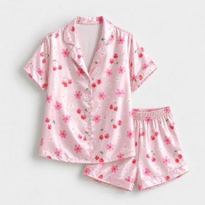 PJ-M208-Pink Cherry Pajama Apparel, Floral Blossom Pattern Loungewear Sleepwear Collection Top Bottom Clothing