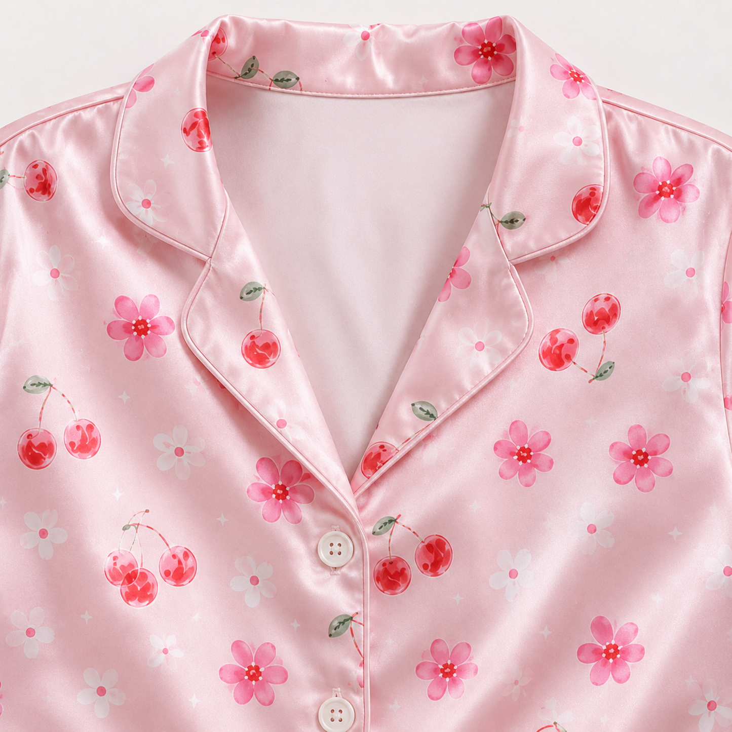 PJ-M208-Pink Cherry Pajama Apparel, Floral Blossom Pattern Loungewear Sleepwear Collection Top Bottom Clothing