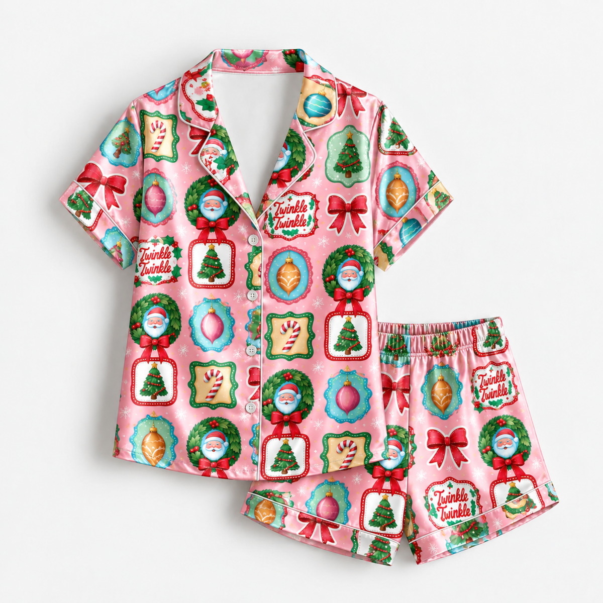 PJ-M2080-Retro Christmas Satin Pajama Set with Vintage Ornaments Bows Christmas Trees Santa and Festive Pink Holiday Pattern for Cozy Sleepwear