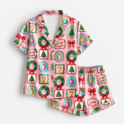 PJ-M2080-Retro Christmas Satin Pajama Set with Vintage Ornaments Bows Christmas Trees Santa and Festive Pink Holiday Pattern for Cozy Sleepwear
