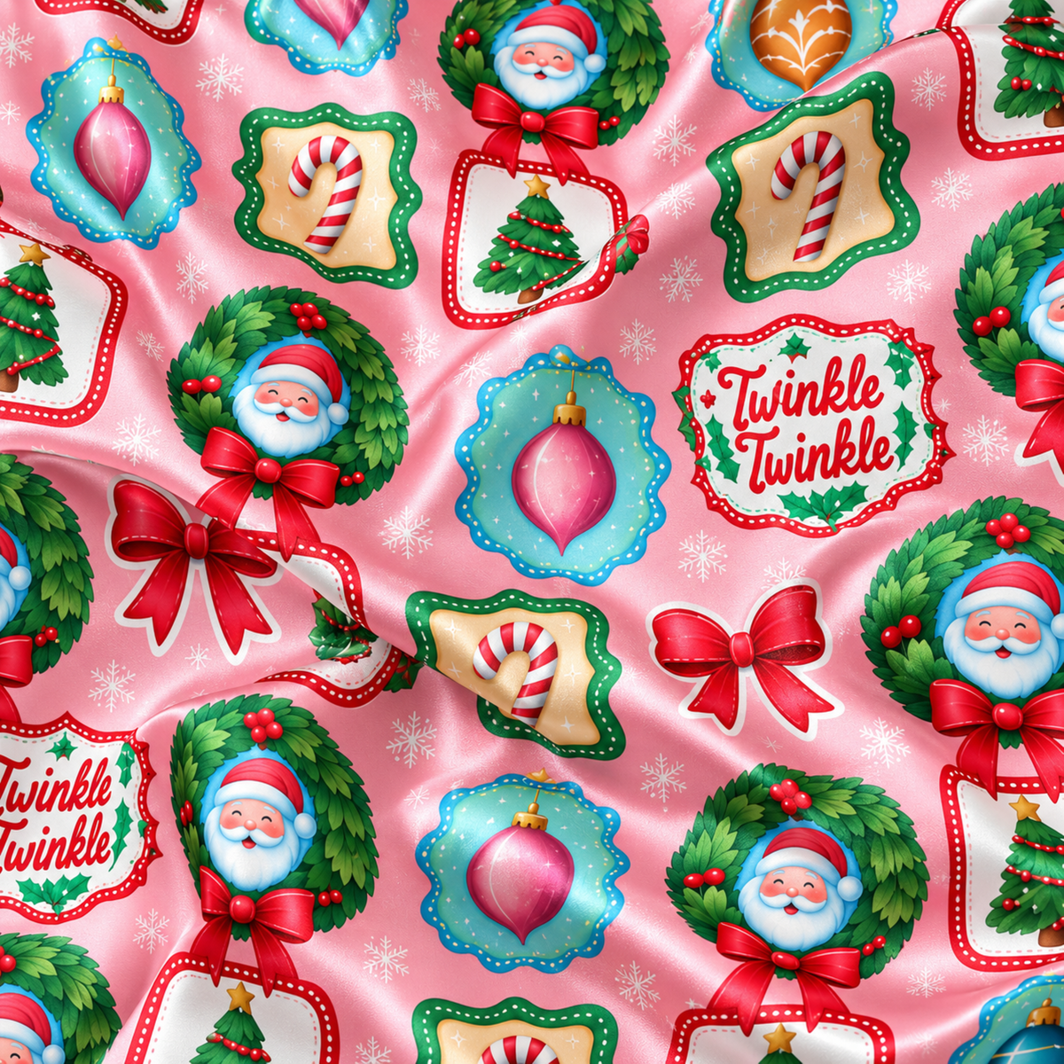 PJ-M2080-Retro Christmas Satin Pajama Set with Vintage Ornaments Bows Christmas Trees Santa and Festive Pink Holiday Pattern for Cozy Sleepwear