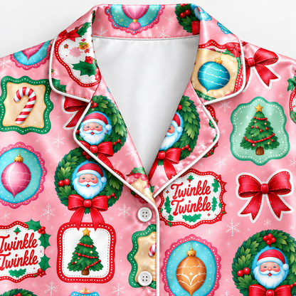 PJ-M2080-Retro Christmas Satin Pajama Set with Vintage Ornaments Bows Christmas Trees Santa and Festive Pink Holiday Pattern for Cozy Sleepwear