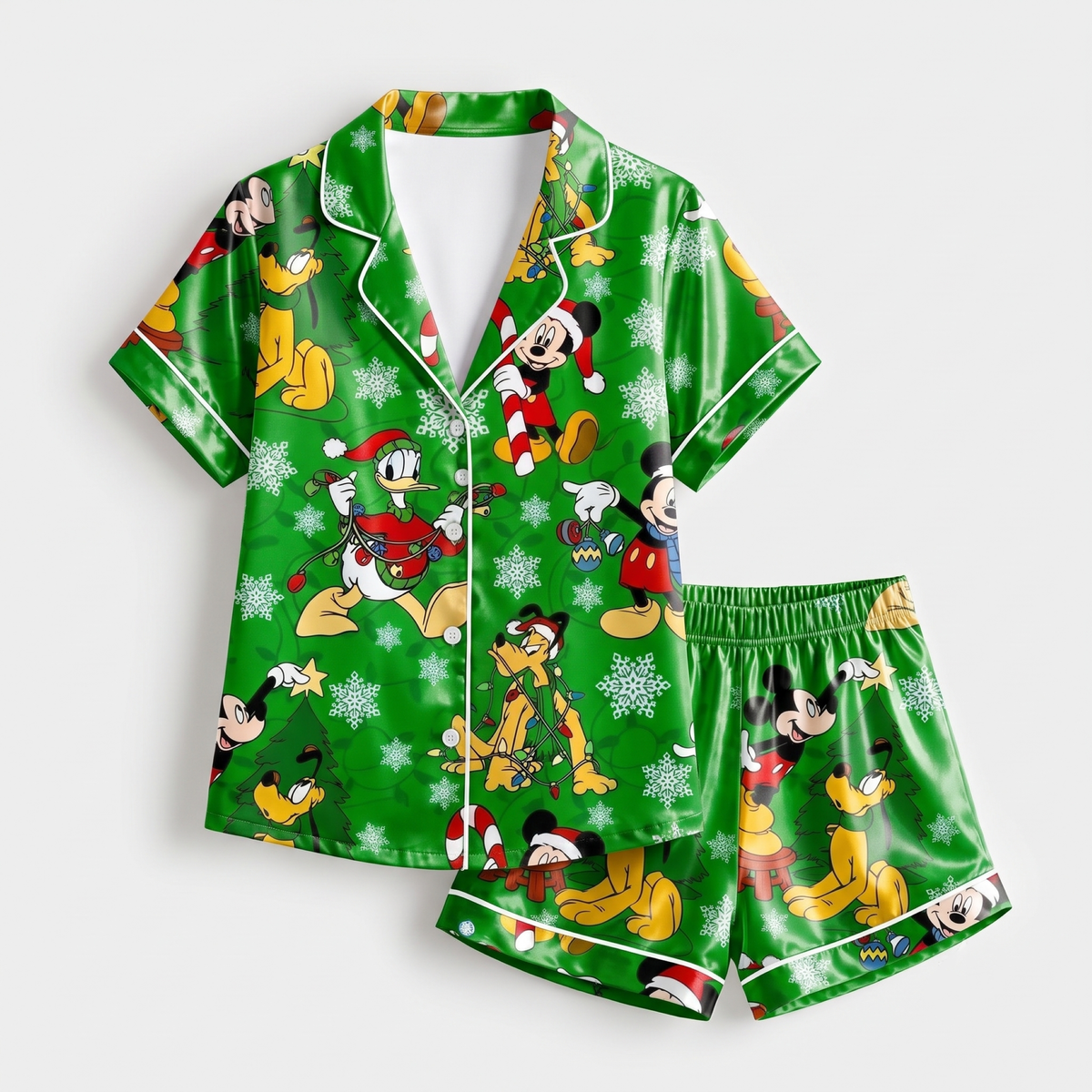 PJ-M2081-Disney Christmas Mickey Mouse and Friends Green Satin Pajama Set, Holiday Sleepwear