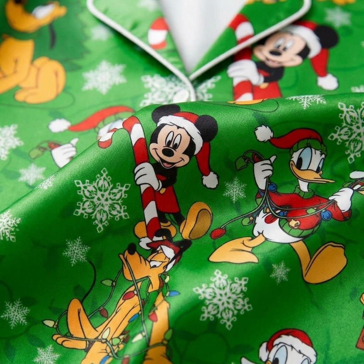 PJ-M2081-Disney Christmas Mickey Mouse and Friends Green Satin Pajama Set, Holiday Sleepwear