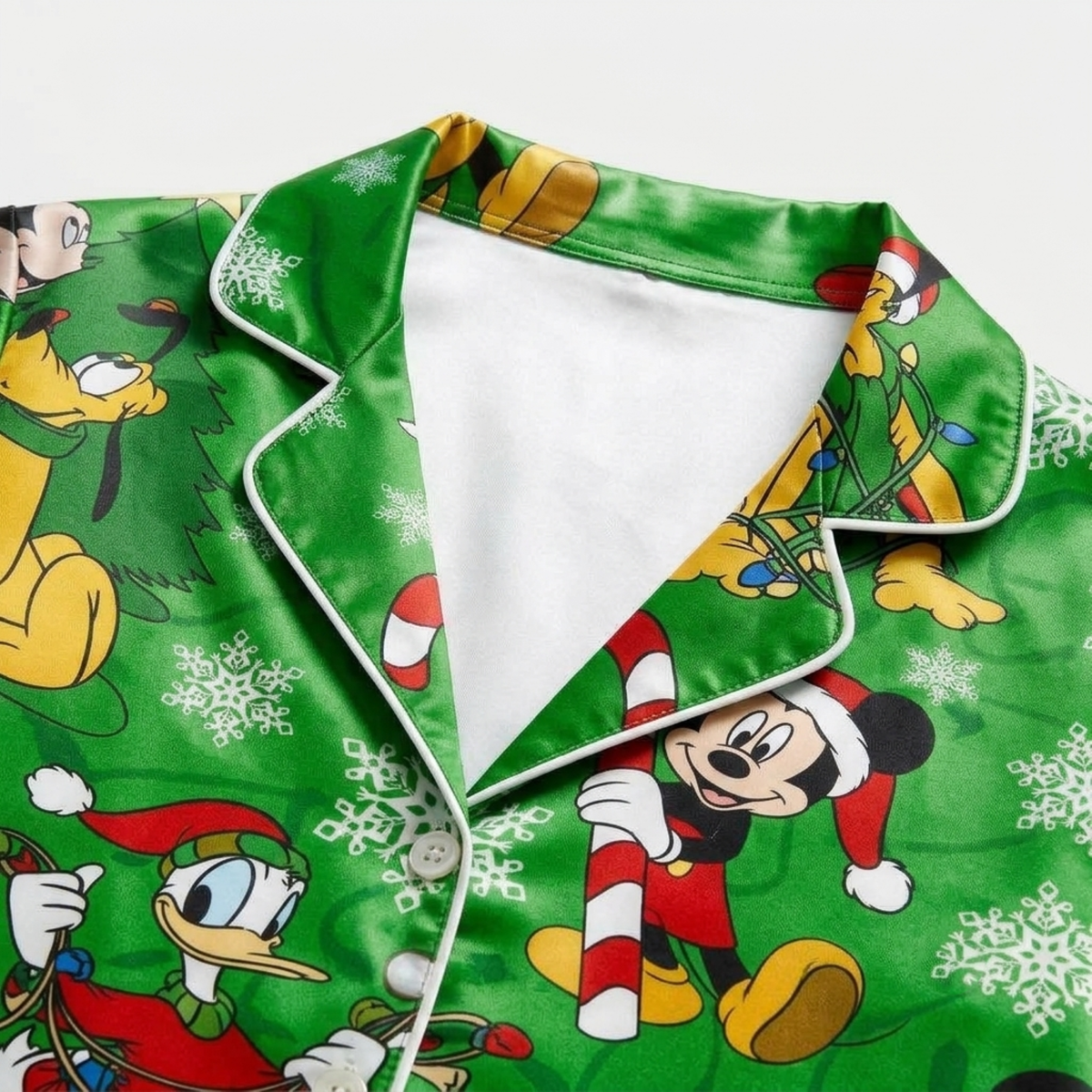PJ-M2081-Disney Christmas Mickey Mouse and Friends Green Satin Pajama Set, Holiday Sleepwear