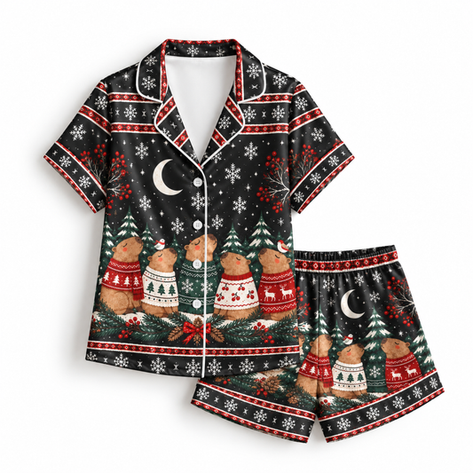 PJ-M2082-Christmas Capybara Satin Pajama Set, Winter Snowflake Moon Cozy Holiday Animal Sleepwear