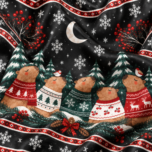 PJ-M2082-Christmas Capybara Satin Pajama Set, Winter Snowflake Moon Cozy Holiday Animal Sleepwear