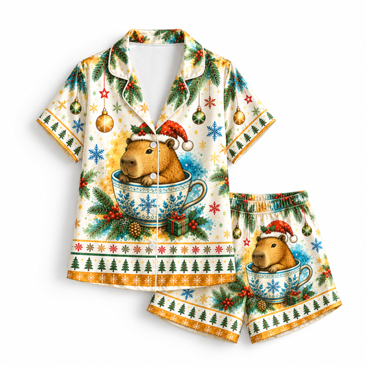 PJ-M2083-Christmas Capybara Tea Cup Satin Pajama Set, Santa Snowflake Festive Holiday Sleepwear