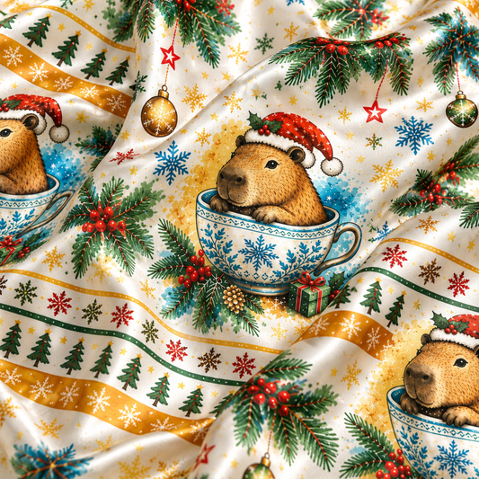 PJ-M2083-Christmas Capybara Tea Cup Satin Pajama Set, Santa Snowflake Festive Holiday Sleepwear