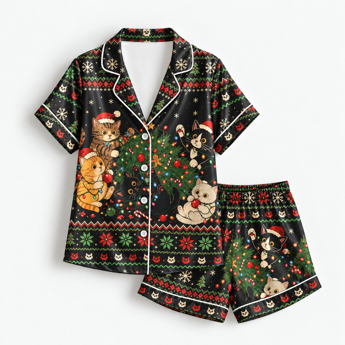 PJ-M2084-Christmas Cat Satin Pajama Set, Festive Kitty Tree Snowflake Cozy Holiday Sleepwear