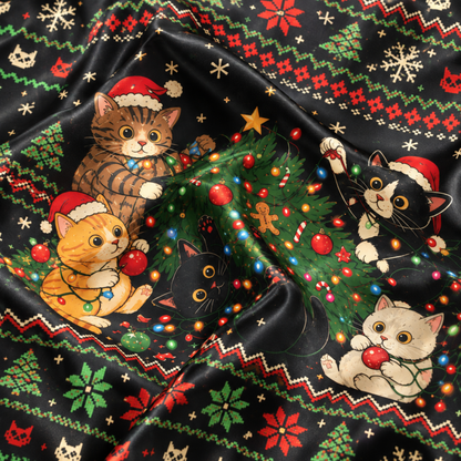 PJ-M2084-Christmas Cat Satin Pajama Set, Festive Kitty Tree Snowflake Cozy Holiday Sleepwear