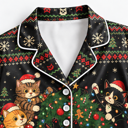 PJ-M2084-Christmas Cat Satin Pajama Set, Festive Kitty Tree Snowflake Cozy Holiday Sleepwear