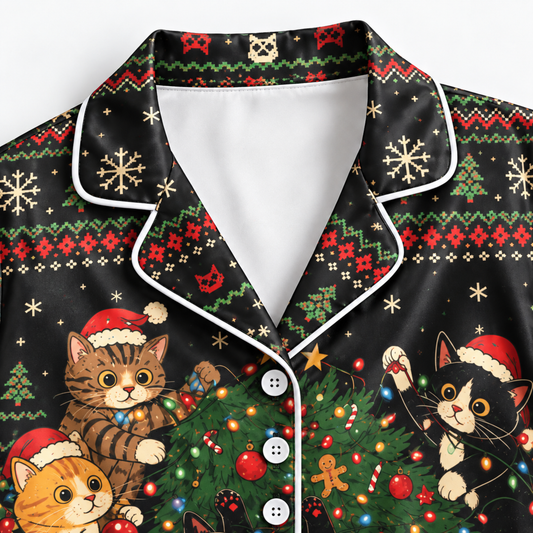 PJ-M2084-Christmas Cat Satin Pajama Set, Festive Kitty Tree Snowflake Cozy Holiday Sleepwear