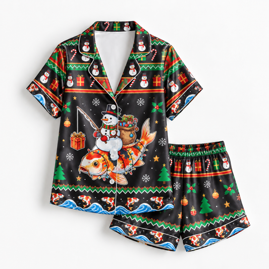 PJ-M2085-Christmas Snowman Fishing Satin Pajama Set, Koi Fish Festive Holiday Winter Sleepwear