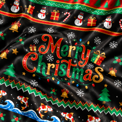 PJ-M2085-Christmas Snowman Fishing Satin Pajama Set, Koi Fish Festive Holiday Winter Sleepwear
