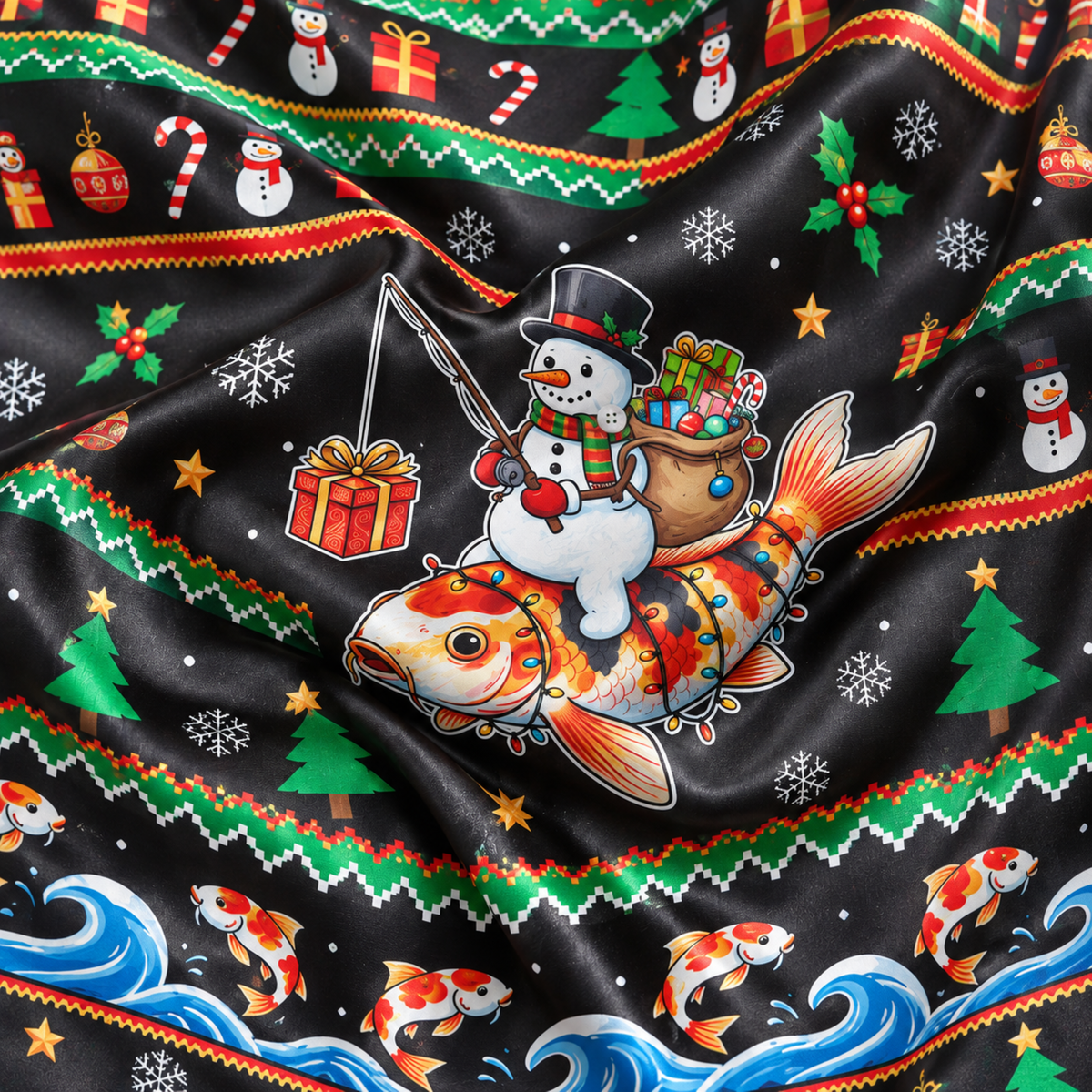 PJ-M2085-Christmas Snowman Fishing Satin Pajama Set, Koi Fish Festive Holiday Winter Sleepwear