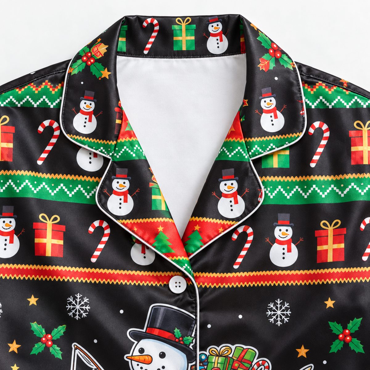PJ-M2085-Christmas Snowman Fishing Satin Pajama Set, Koi Fish Festive Holiday Winter Sleepwear