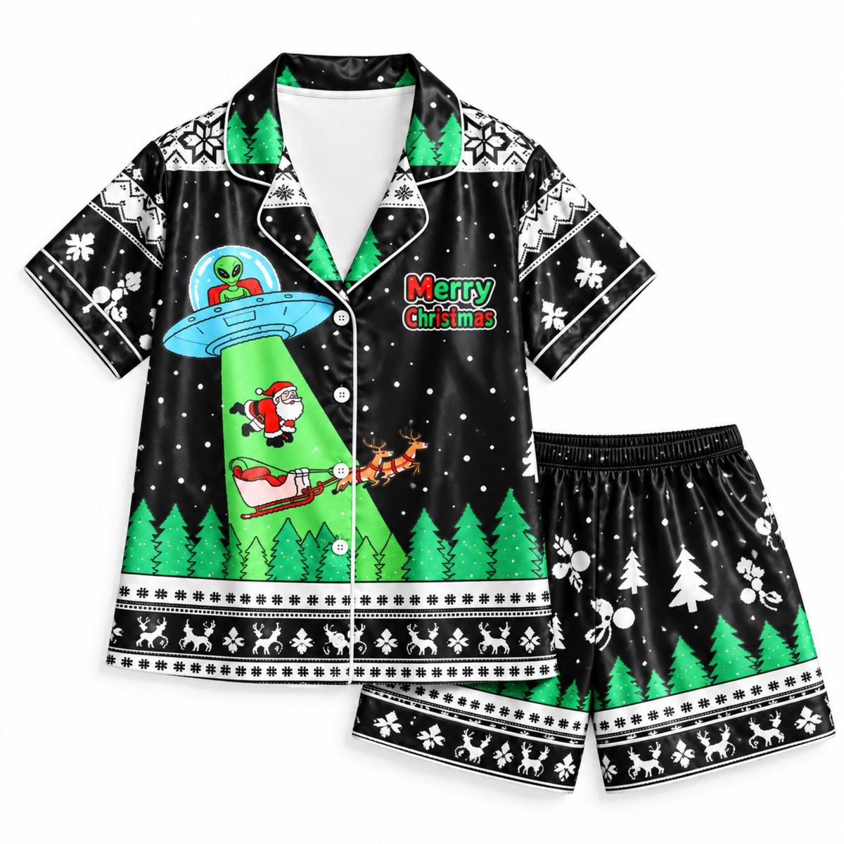 PJ-M2086-Alien Santa Christmas Satin Pajama Set, Funny UFO Abduction Reindeer Holiday Sleepwear