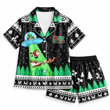PJ-M2086-Alien Santa Christmas Satin Pajama Set, Funny UFO Abduction Reindeer Holiday Sleepwear