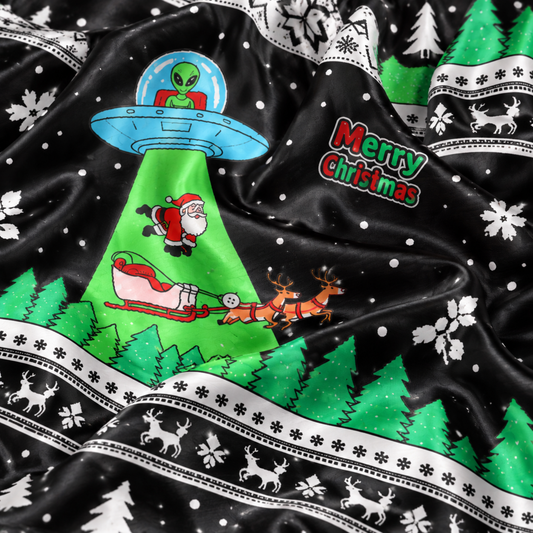 PJ-M2086-Alien Santa Christmas Satin Pajama Set, Funny UFO Abduction Reindeer Holiday Sleepwear