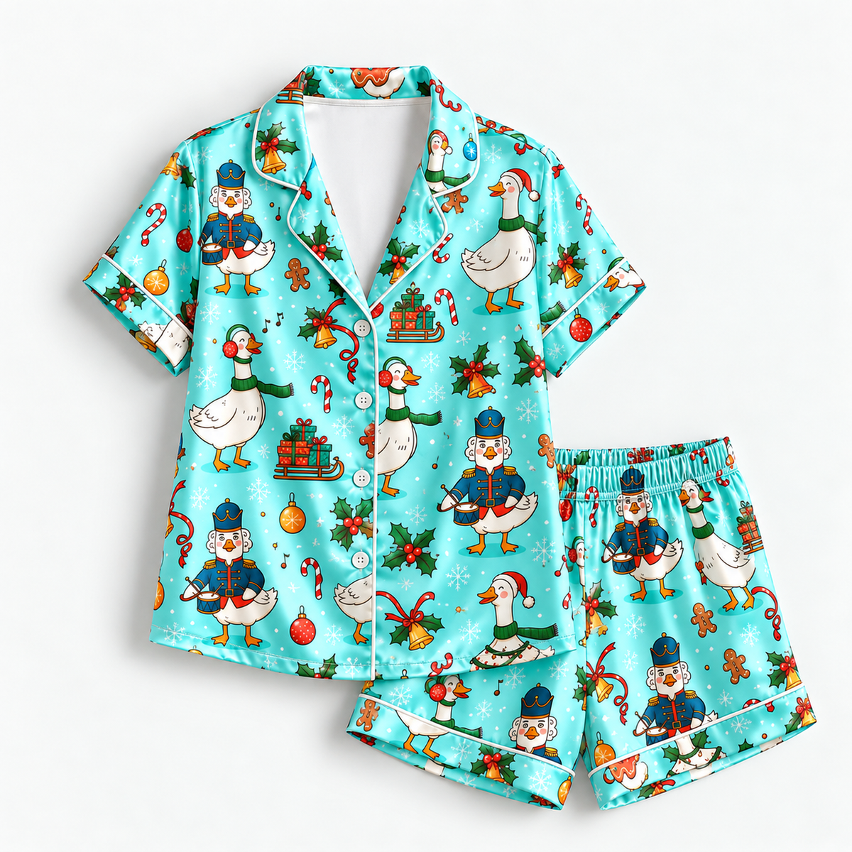 PJ-M2087-Christmas Goose Satin Pajama Set with Nutcracker Geese Candy Canes Gifts Holly and Festive Holiday Pattern for Cozy Sleepwear