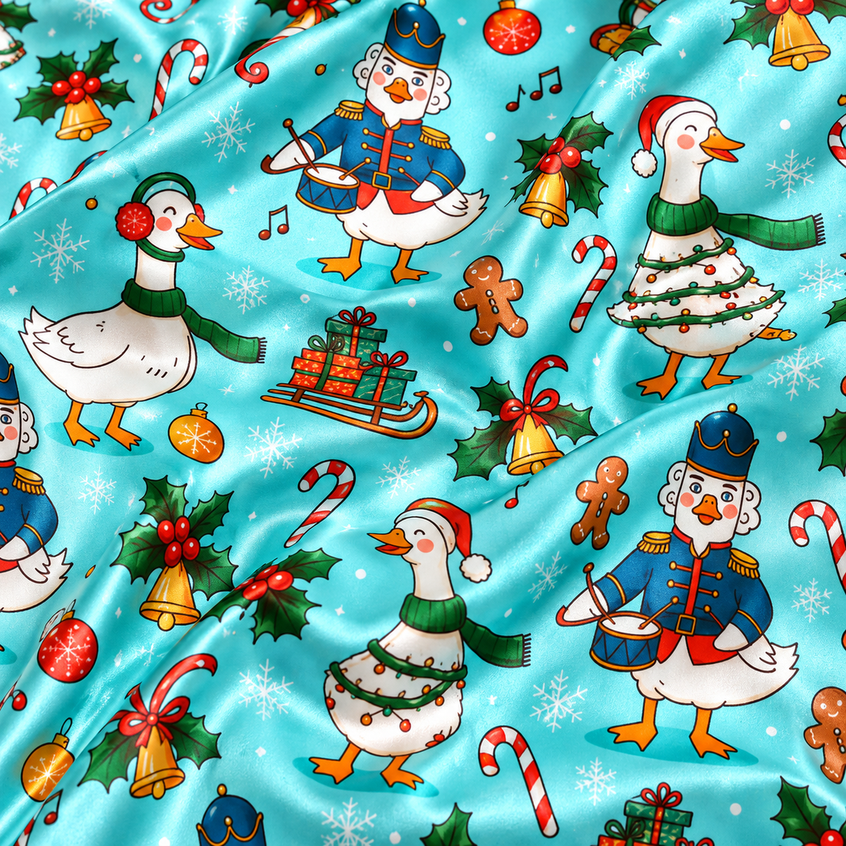 PJ-M2087-Christmas Goose Satin Pajama Set with Nutcracker Geese Candy Canes Gifts Holly and Festive Holiday Pattern for Cozy Sleepwear