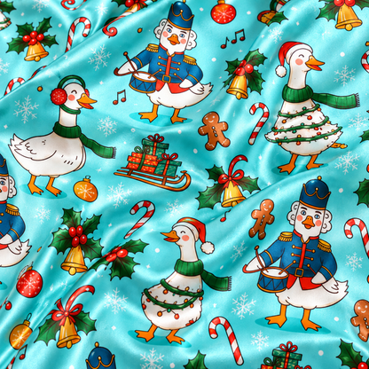 PJ-M2087-Christmas Goose Satin Pajama Set with Nutcracker Geese Candy Canes Gifts Holly and Festive Holiday Pattern for Cozy Sleepwear