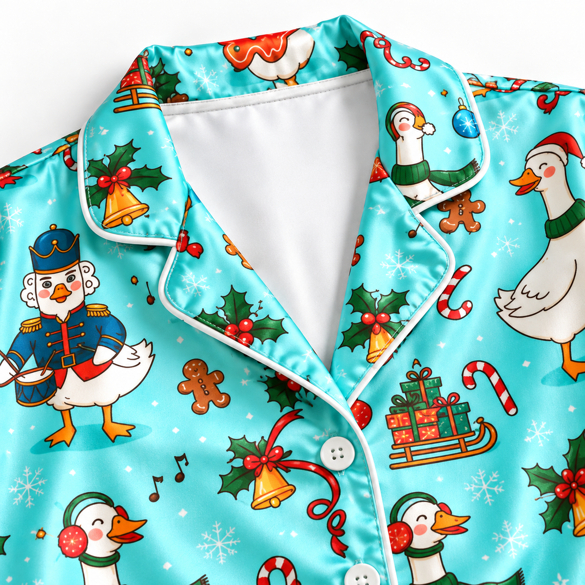 PJ-M2087-Christmas Goose Satin Pajama Set with Nutcracker Geese Candy Canes Gifts Holly and Festive Holiday Pattern for Cozy Sleepwear